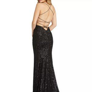Ieena For Mac Duggal Black Sequin Strappy Satin Column Gown